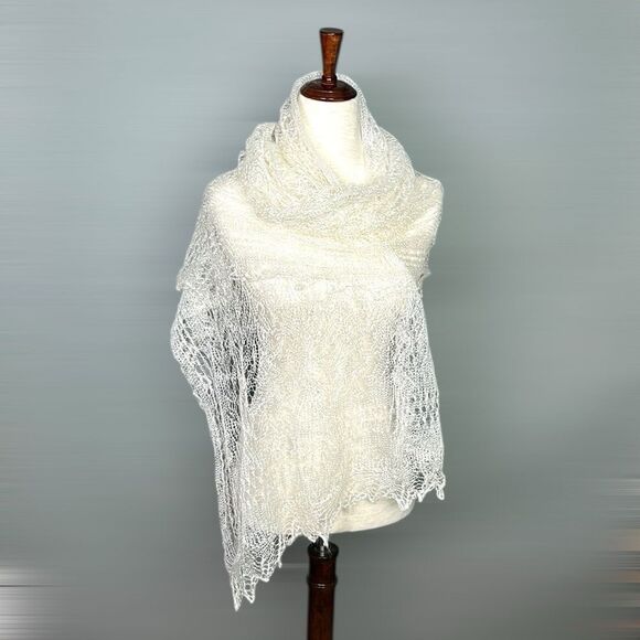 Goat Wool Lace Knit Oblong Shawl Scarf Handmade Russian Orenburg Style Ivory - Picture 8 of 11